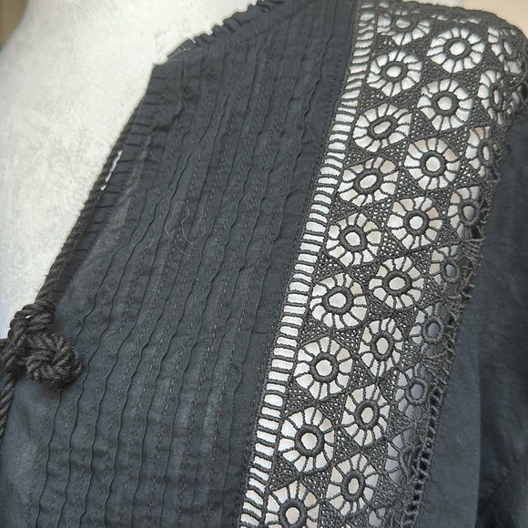 Levis Women’s Peasant Top Black Sheer Boho 3/4 Balloon Sleeve Tassel Tie Lace L - Picture 9 of 13